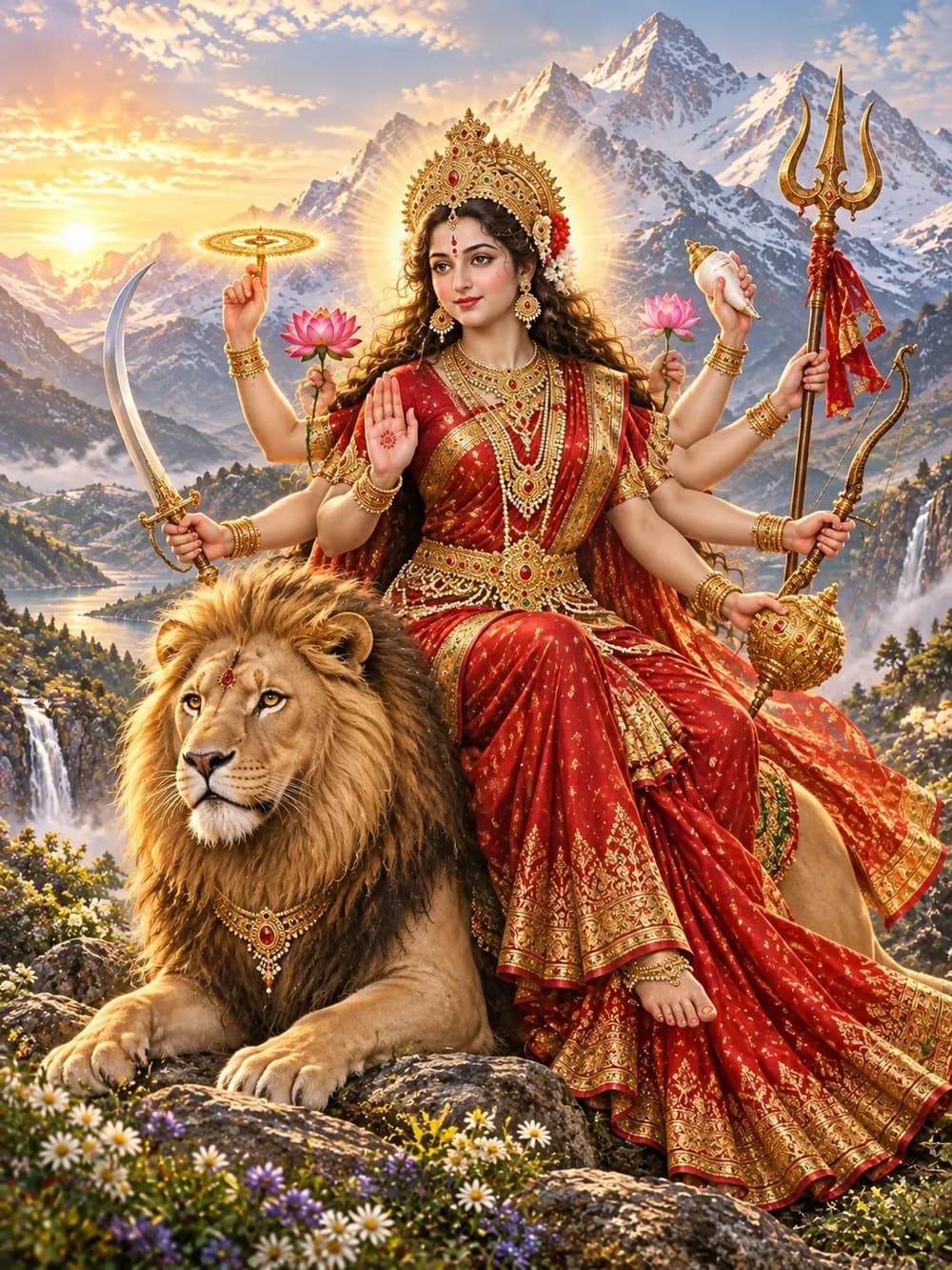 Maa Durga rides her lion among snowy Himalayan peaks at sunrise.