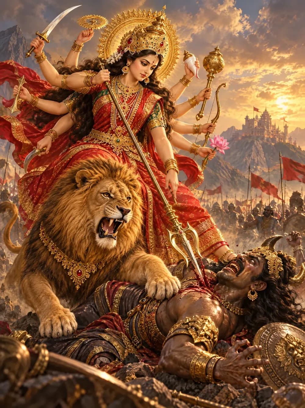 Maa Durga on her roaring lion, triumphant over Mahishasura at sunset.