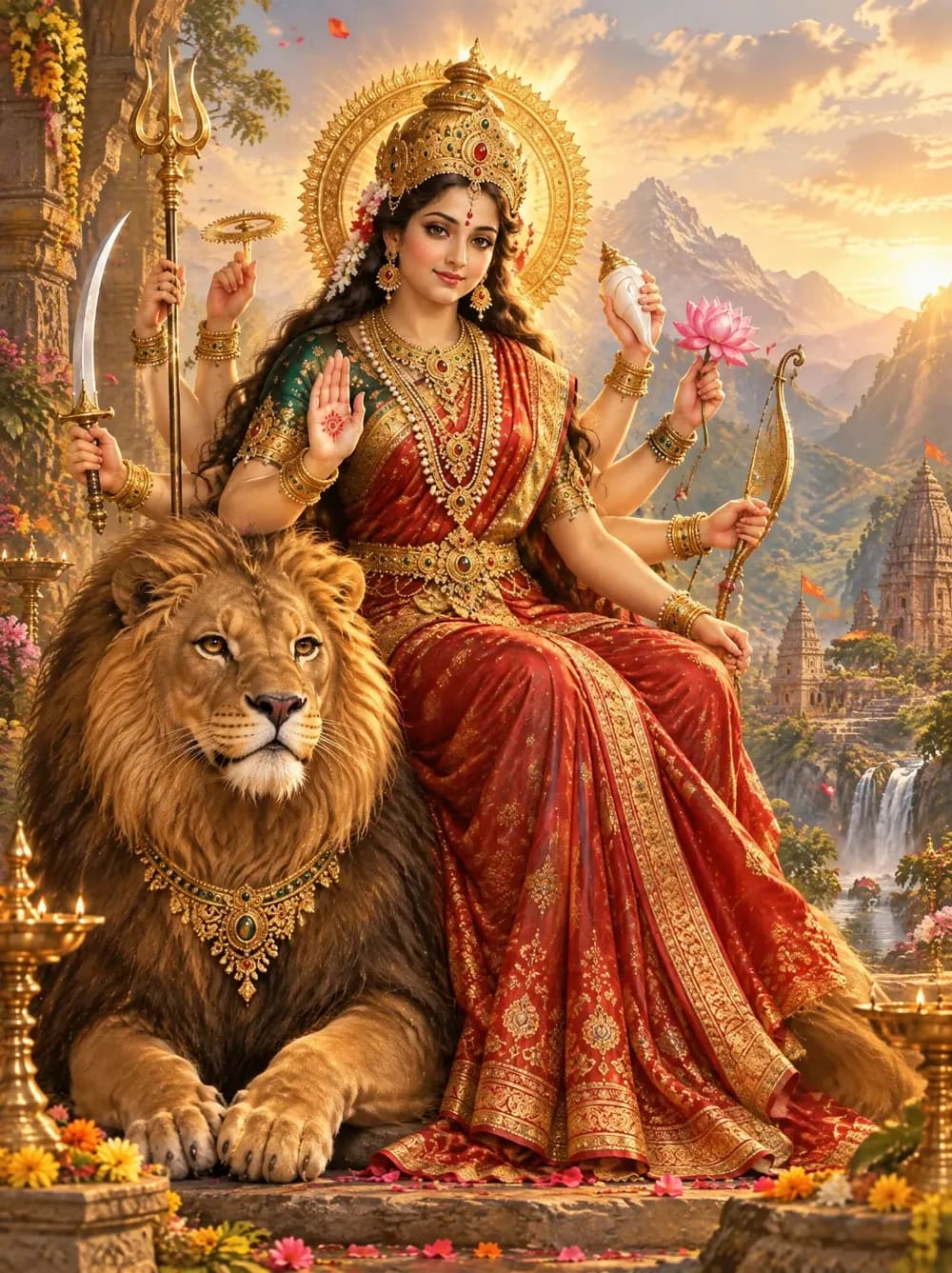 Maa Durga seated beside her lion before mountain temples and a waterfall.