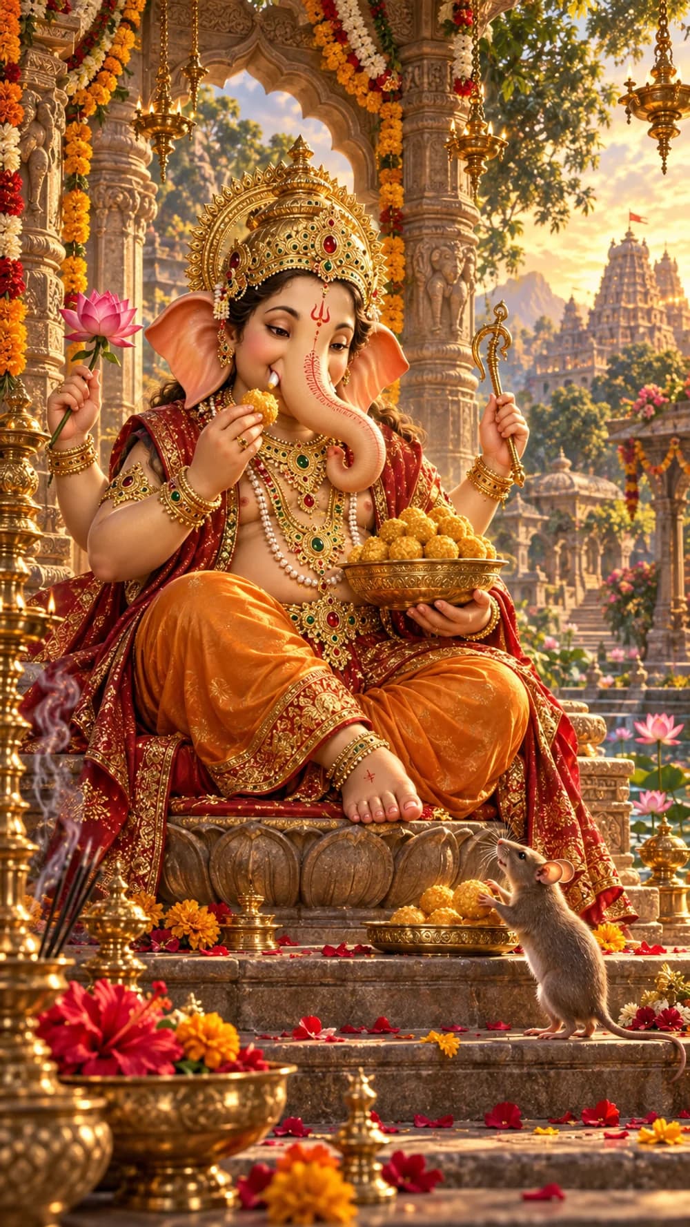 Lord Ganesha enjoys a modak on a temple throne as his mouse reaches for the sweets.