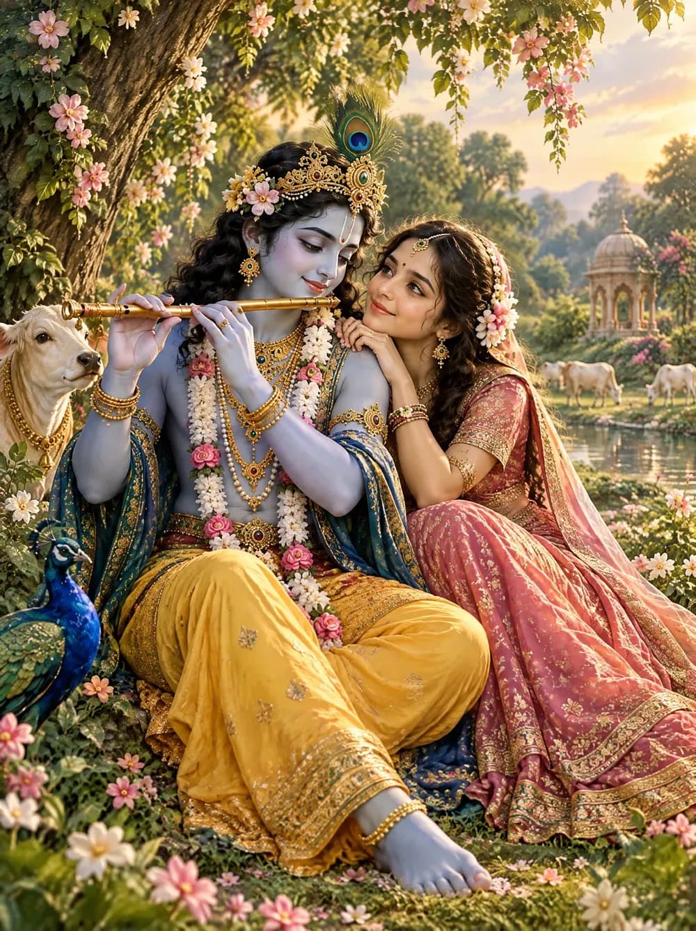 Krishna plays his flute as Radha leans close in a flowering Vrindavan garden.