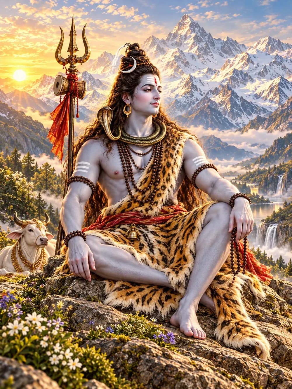 Lord Shiva rests on a Himalayan rock at sunrise, Nandi beside him.