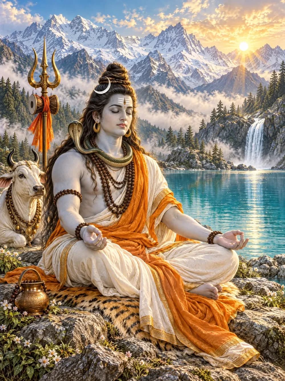 Lord Shiva meditates beside a turquoise Himalayan lake with Nandi.
