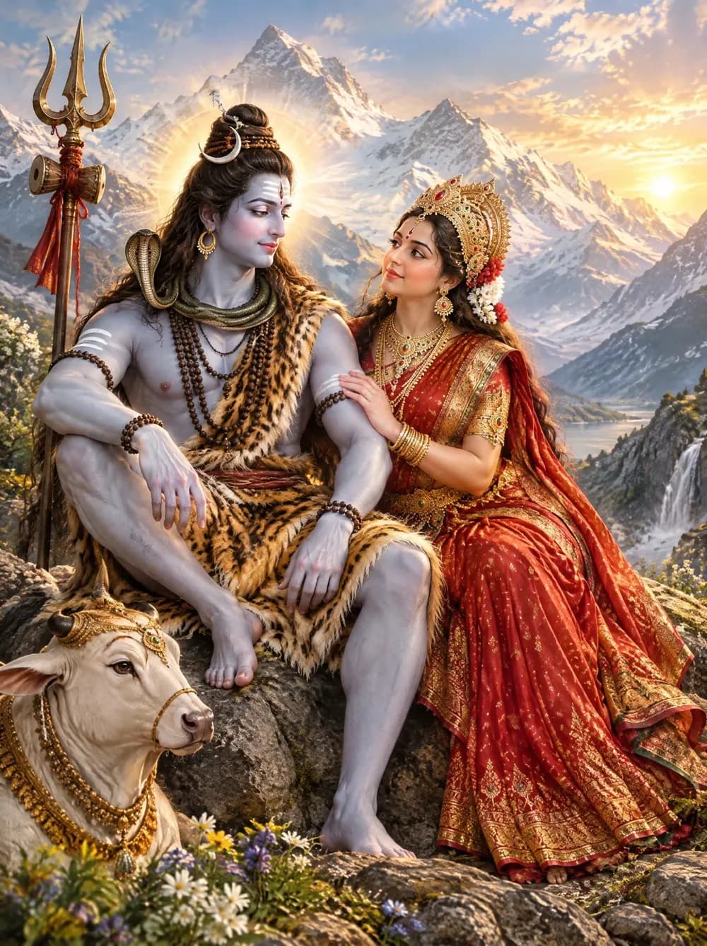 Lord Shiva and Maa Parvati together in the Himalayas at sunrise.