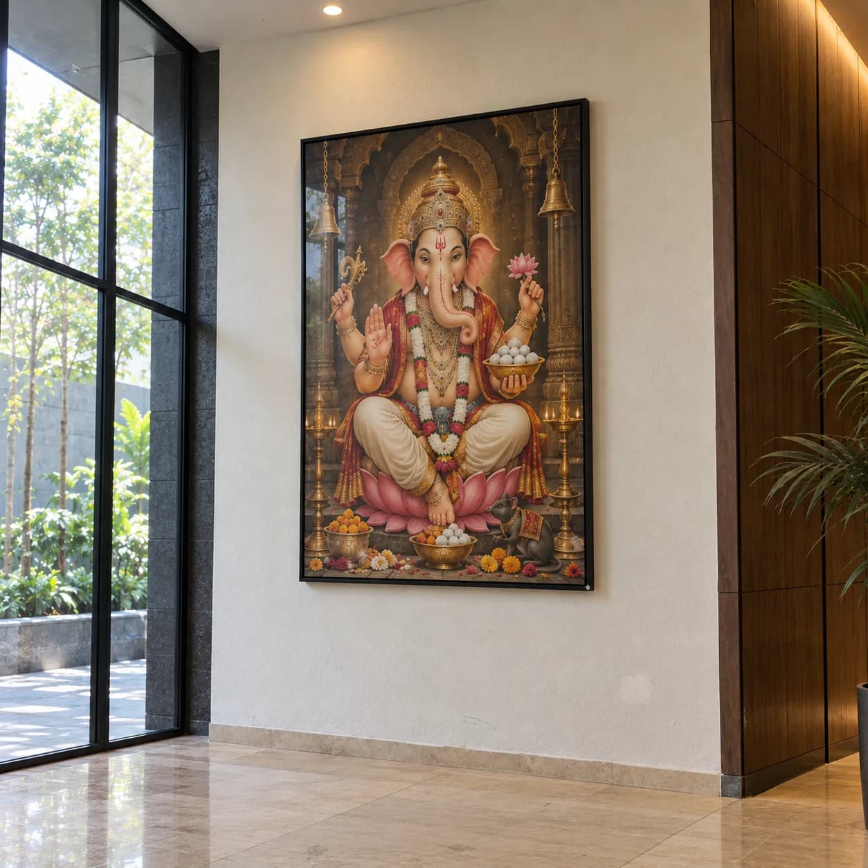 Ganesha framed print beside a window