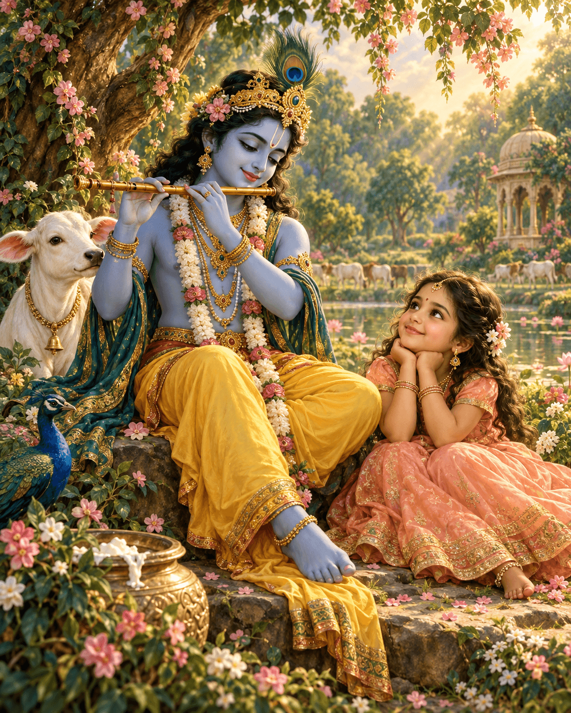 A child listens to Krishna’s flute in a Vrindavan garden.