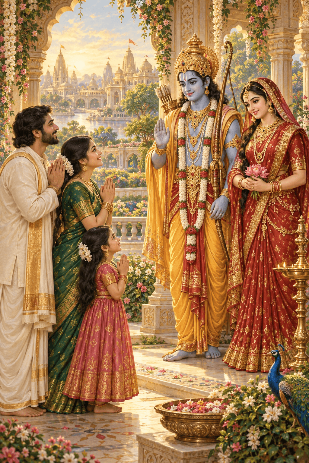 A family greets Rama and Sita in a palace garden.