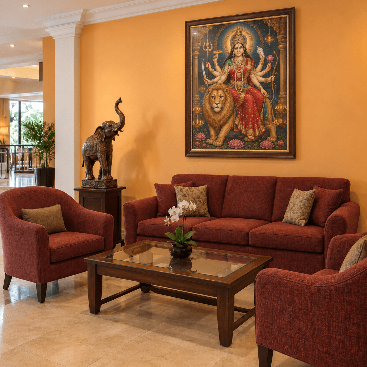 Maa Durga artwork displayed in a living room